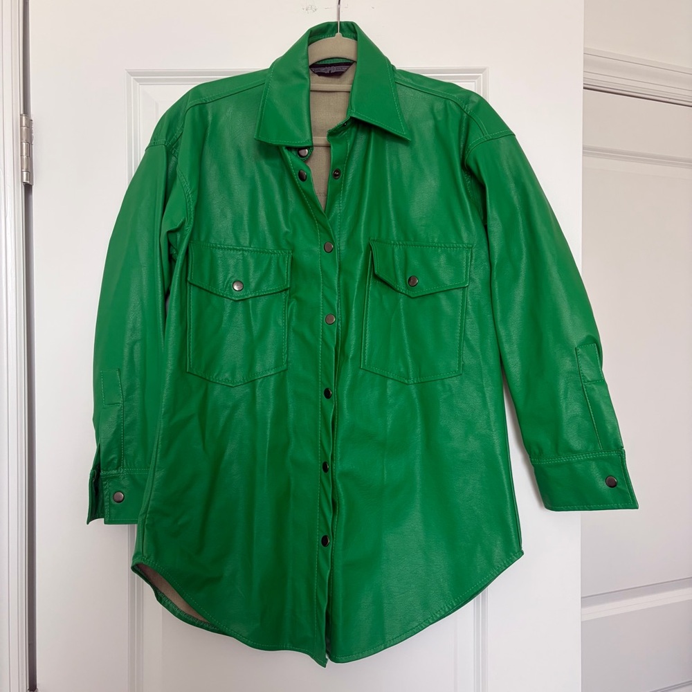 Green Leather Button-Front Jacket